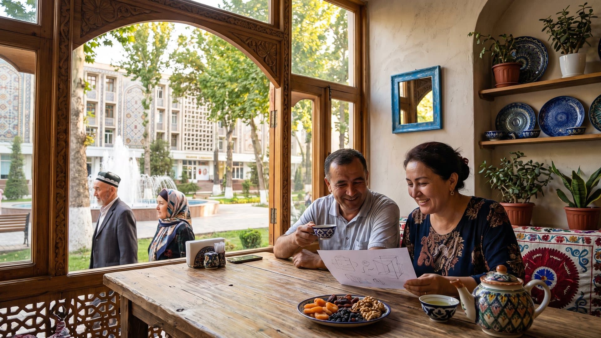 Kichik kafe egalari — er-xotin choy ustida oddiy tarif rejasini birga koʻrib chiqmoqda